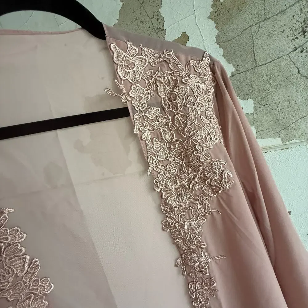 Kimono Robe Duster Long Embroidered‎ Lace Trim Romantic Sheer Blush Pink - Picture 5 of 6